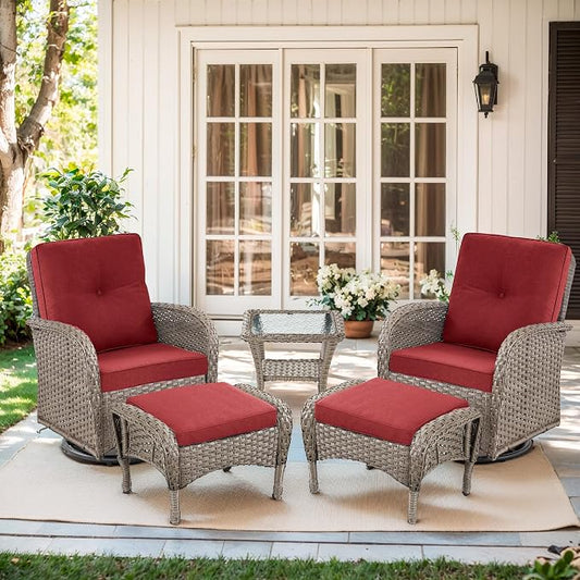 Outdoor Swivel Glider Rocker Chairs Set- 5 Piece Patio Furniture Set, Patio Bistro Sets with Tempered Glass Side Table and 2 Ottoman, for Balcony, Porch - Grey Wicker Red Cushion