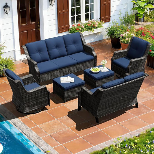 Outdoor Patio Furniture Set, 6 Piece Wicker Patio Furniture with Thick Cushions, Curved Armrest, Deep Seating, Outdoor Swivel Rocker Chairs for Porch, Deck, Balcony