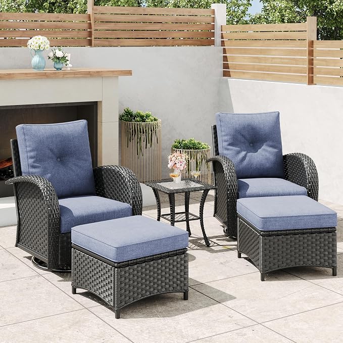 5 Pieces Outdoor Wicker Patio Swivel Rocking Chairs, All Weather Wicker Conversation Set with Side Table