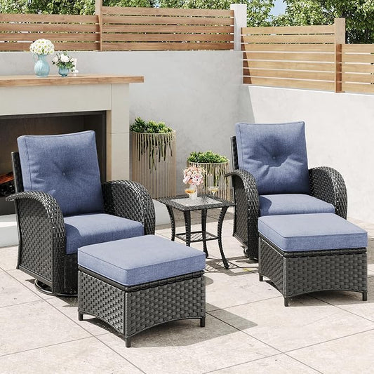 5 Pieces Outdoor Wicker Patio Swivel Rocking Chairs, All Weather Wicker Conversation Set with Side Table