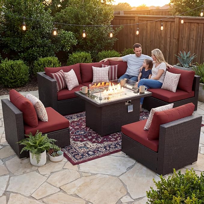 BULEXYARD 7-Piece Outdoor Patio Furniture Set with Propane/Natural Gas Fire Pit Table, Comfortable High-Back Sectional Couch Sofa, All-Weather Heavy Duty Backyard Seating, Brown Rattan & Red Cushion