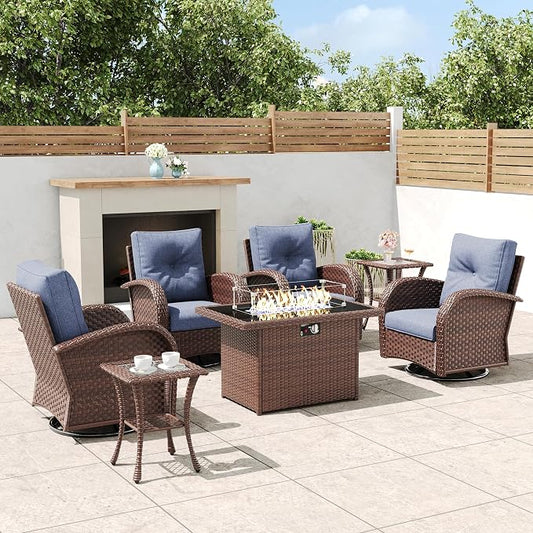 7 Pieces Outdoor Wicker Patio Swivel Rocking Chairs, All Weather Wicker Conversation Set with 44" Fire Pit Table