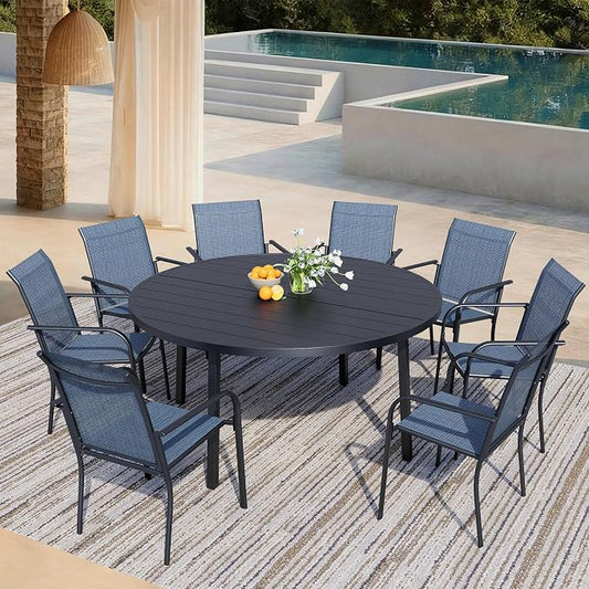 9 Pieces Patio Dining Set for 8, Blue Patio Stackable Chairs and Black Round Table Set of 8, Outdoor Furniture Set with Sling Support for Outside, Garden