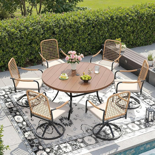 DIFY 7 Pieces Outdoor Dining Set for 6, 50" Round Dining Table with Umbrella Hole & Wicker Swivel Patio Chairs with Cushions, Metal Patio Table and Chairs Set for Backyard Porch Garden, Walnut