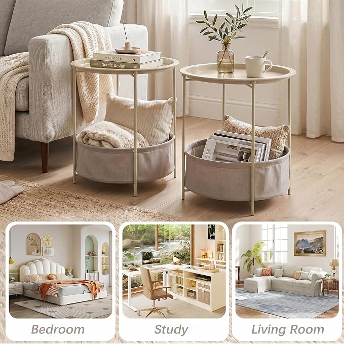 VECELO Round Side/End Table with Fabric Storage Basket，Metal Anti-Rust and Waterproof Small Bedside Nightstand with Removable Tray Top for Living Room，Balcony & Laundry，Grey /1pcs with Basket
