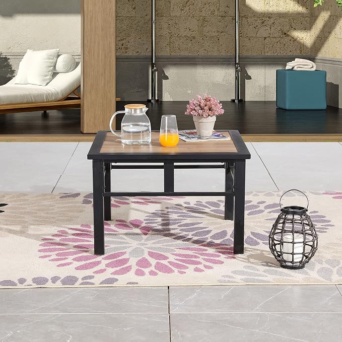 Aluminum Composite Panel Outdoor End Table, Weather Resistant, Black with Wood Grain, Square, Modern, Outdoor Side Table