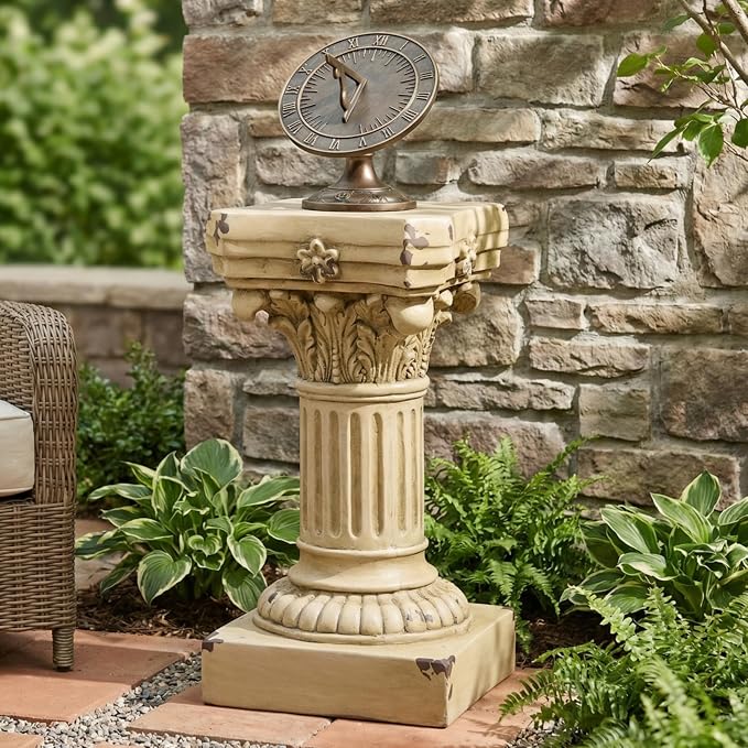 Merax 16.73" H Corinthian Pedestal Plant Stand, MGO Decorative Pedestal Side Table for Indoor Outdoor Entryway Garden Home, Antique Yellow, No Assembly Needed