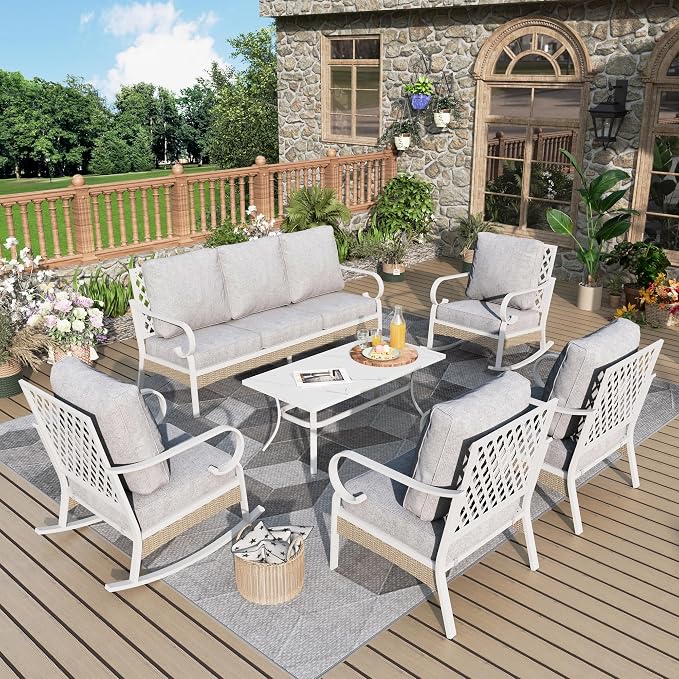 MIXPATIO 6 Piece Patio Furniture Set, 2 x Fixed Chair, 2 x Rocking Chair, 1 x 3-Seat Sofa with Marbling Coffee Table, 7 Seats Outdoor Conversation Set for Lawn Garden Backyard, Light Gray