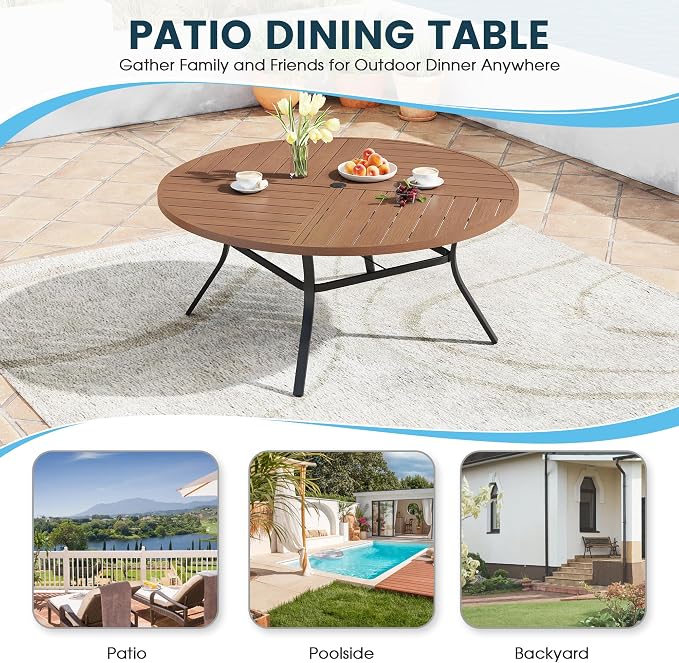 Patio Dining Table for 8-10, Round Metal Outdoor Table with Storage Shelf, 1.57" Umbrella Hole, 63" Outdoor Quartered Tabletop Dining Table for Backyard, Porch, Lawn, Walnut