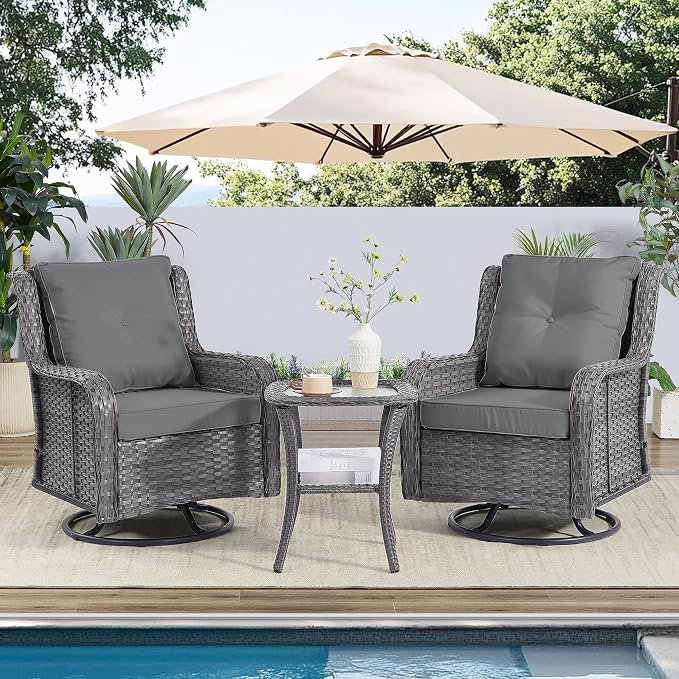 Wumiokio Patio Furniture Sets, 3 Pieces Wicker Outdoor Furniture - 360 Degree Swivel Rocking Chairs and Rattan Side Table for Garden,Porch,Backyard (Grey Wicker/Grey Cushion, 3PCS - Swivel Chairs)