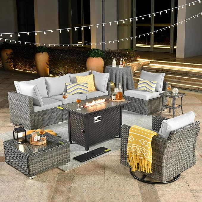 Weaxty 8 Piece Outdoor Sectional with Fire Pit Table, All Weather Wicker Patio Furniture Set with Swivel Rocker Chair Coffee Table, Thick Cushion Couch Conversation Sets for Garden Deck Backyard Gray