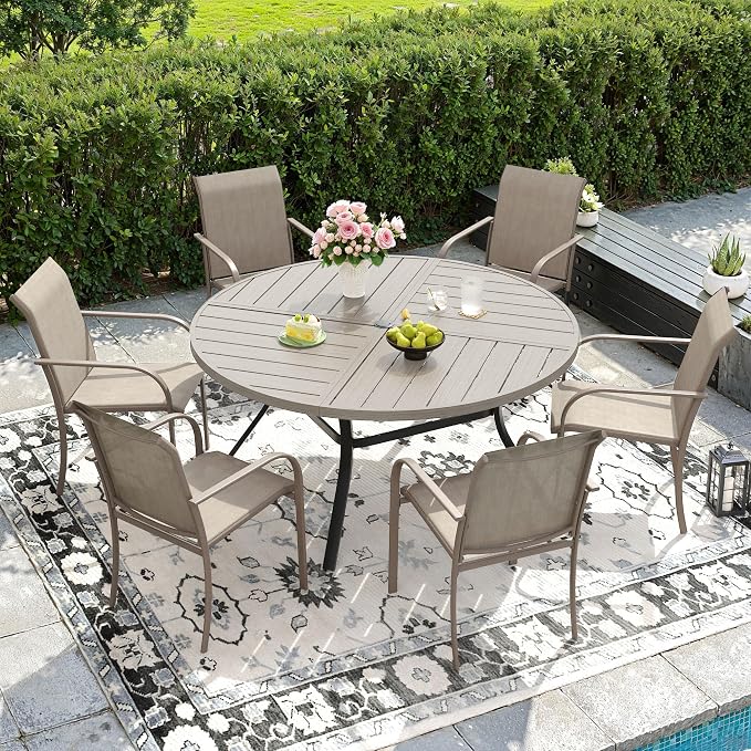 DIFY 7 Pieces Outdoor Patio Dining Set for 6, 50" Grey Wood-Like Round Metal Dining Table and 6 Sandshell Stackable Textilene Patio Chairs, Outdoor Table and Chairs for Backyard Garden Poolside