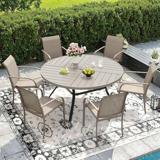 DIFY 7 Pieces Outdoor Patio Dining Set for 6, 50" Grey Wood-Like Round Metal Dining Table and 6 Sandshell Stackable Textilene Patio Chairs, Outdoor Table and Chairs for Backyard Garden Poolside