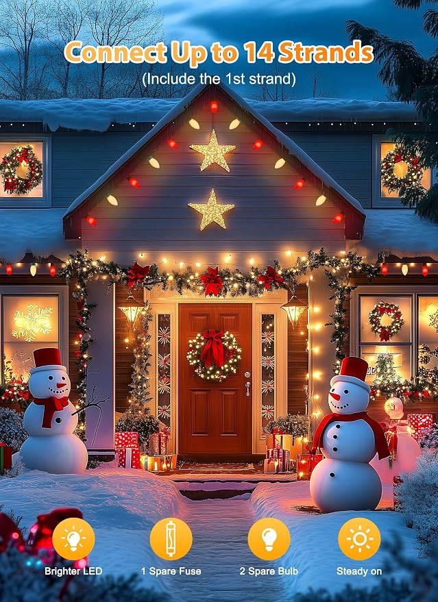 C9 Christmas Lights Outdoor, 100Ft 50 LED Red & Warm White String Lights | Waterproof Shatterproof Connectable Christmas Tree Lights for House Outside Roofline Patio Yard Home Xmas Decorations