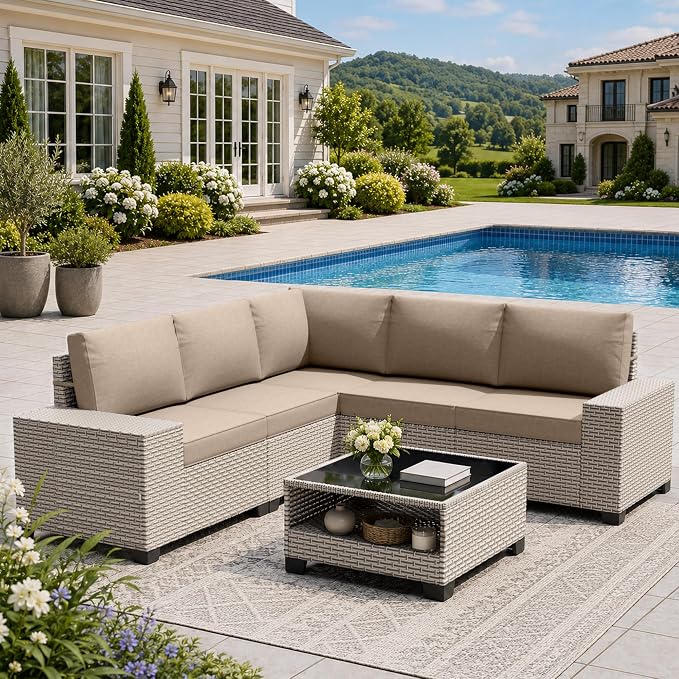 6-Piece Outdoor Patio Furniture Set, Modular Sectional Sofa Set with Glass Coffee Table and Cushions, Wicker Outdoor Couch Conversation Sets, Khaki