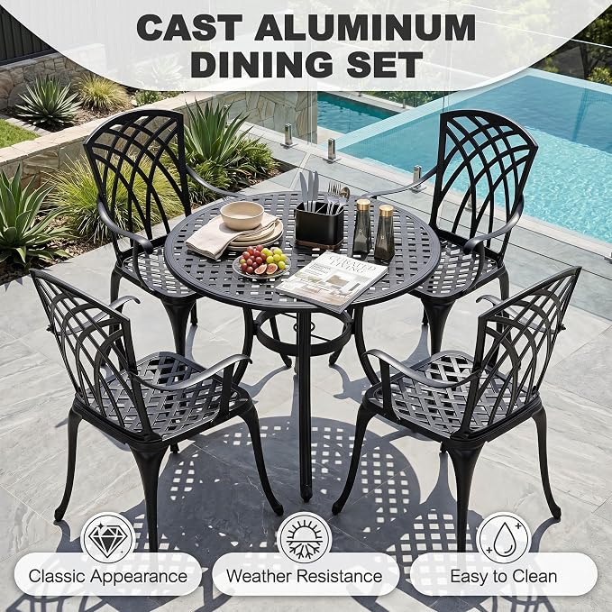NUU GARDEN 5-Piece Outdoor Dining Set, 33" Cast Aluminum Dining Table with Umbrella Hole and 4 Cast Aluminum Chairs, Patio Table and Chair Set, Patio Dining Set for Poolside Deck Yard Balcony, Black