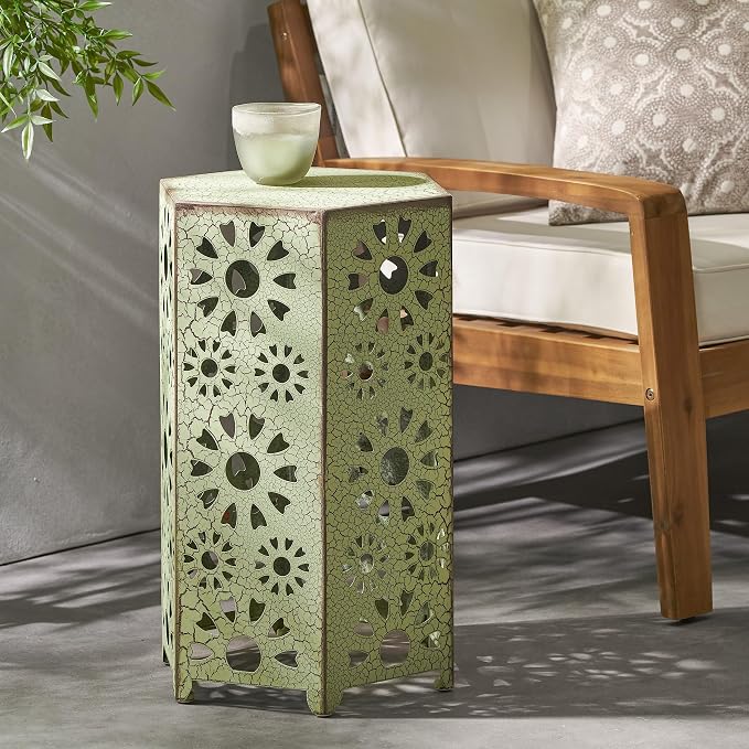 Metal Outdoor Side Table, Sunburst Cut-Out Design, Vibrant Color Addition, No Assembly & Lightweight, Patio Side Tables for Outside, Garden, Entertaining,Green