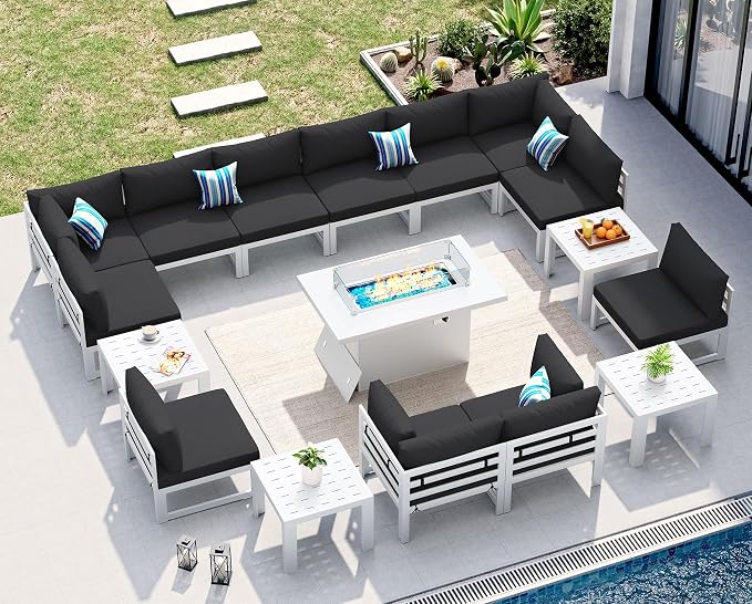 NICESOUL 12 Seat Large Modern Aluminum Patio Conversation Set, 29" Deep Wide Sectional Seating with Fire Pit Table, 500 lbs Heavy Duty All Weather Outdoor Sofa with Side Table for Backyard Deck, Black