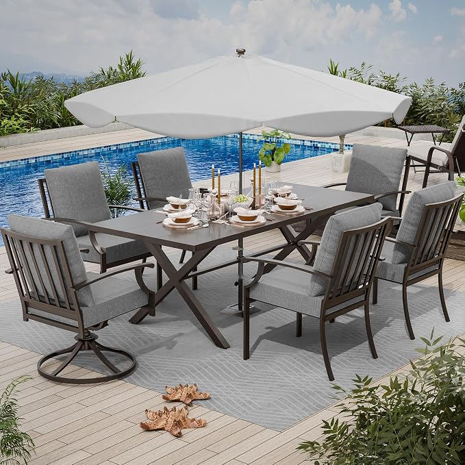 7 Piece Outdoor Dining Set for 6, Metal Patio Table and Chairs with Cushions, Patio Furniture Set with 2 Swivel Chairs, Rectangular Patio Dining Table with Umbrella Hole, Lawn Deck, Yard-Grey
