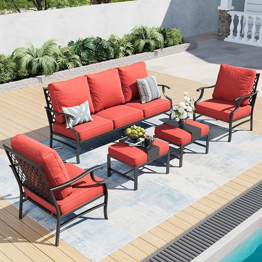 SUNSHINE VALLEY 5 Piece Metal Outdoor Patio Furniture Set, Patio Conversation Sets 1 3-Seater Sofa, 2 Fixed Chair, 2 Ottomans with 5.75" Thick Cushion, Black All-Weather Frame Backyard Furniture, Red