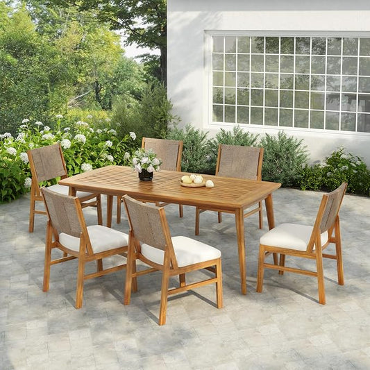 Christopher Knight Home 7 Piece Outdoor Dining Set, 71" Acacia Wood Patio Table with 6 Light Brown Wicker Chairs and Cream Cushions, Teak Finish Wood Dining Table Set for Backyard Garden Porch Deck