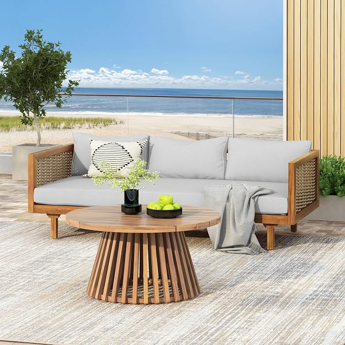 Christopher Knight Home Charm Patio Conversation Set, 3 Seater Acacia Wood Sofa, Spacious Seating Wicker Armrest Chair, Wood Coffee Table, Round Side Table, Outdoor Furniture for Garden, Light Gray