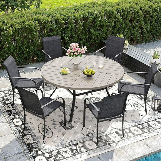DIFY 7 Pieces Outdoor Patio Dining Set for 6, 50" Grey Wood-Like Round Metal Dining Table and 6 Grey Stackable Textilene Patio Chairs, Outdoor Table and Chairs for Backyard Garden Poolside