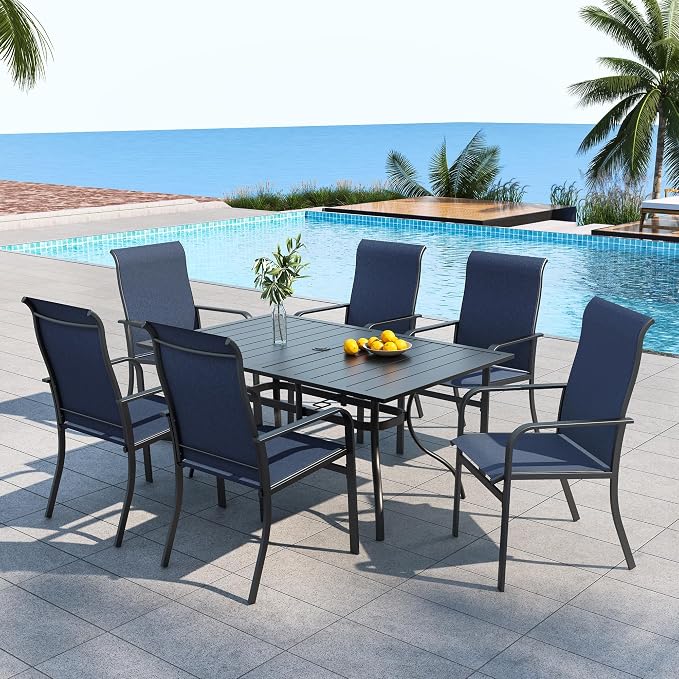 7 Piece Navy Blue High Back Wide Patio Chairs and 63" Metal Rectangle Table | 63" x 38" Metal Rectangle Dining Table, High Back Wide Patio Chairs, All Weather, for Tall People