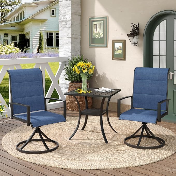 DIFY 3 Piece Outdoor Dining Set for 2, Patio Furniture Set with Padded Textilene Swivel Patio Chairs and 27.6" Small Square Metal Dining Table, Blue Fabric & Black Tabletop