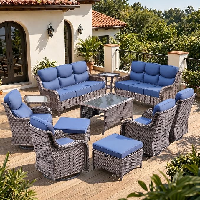 Luxury 6" Thick Cushion 11 Pieces Wicker Patio Furniture Set with High Back Swivel Rocker Chairs of 4, Outdoor Conversation Set with Patio Couch for Deck Porch Yard and Poolside