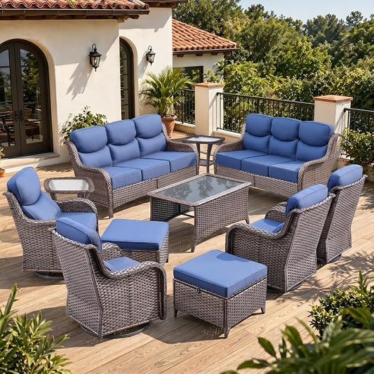 Luxury 6" Thick Cushion 11 Pieces Wicker Patio Furniture Set with High Back Swivel Rocker Chairs of 4, Outdoor Conversation Set with Patio Couch for Deck Porch Yard and Poolside