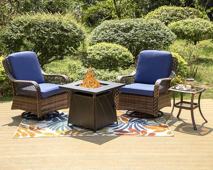 PHI VILLA 4 Piece Outdoor Swivel Rocker Chairs Patio Furniture Set with Gas Fire Pit Table Square, Wicker Patio Conversation Fire Pit Table Set for Garden, Deck, Porch, Backyard (Navy Blue)