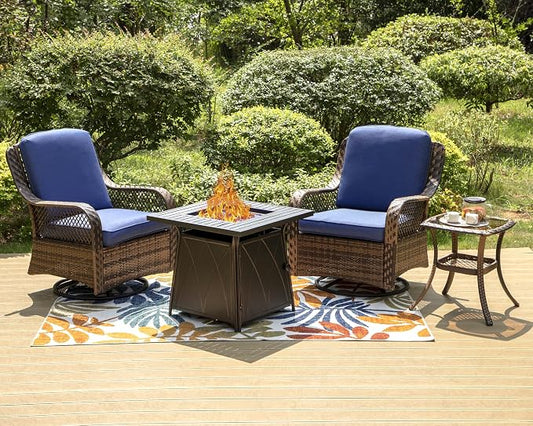 PHI VILLA 4 Piece Outdoor Swivel Rocker Chairs Patio Furniture Set with Gas Fire Pit Table Square, Wicker Patio Conversation Fire Pit Table Set for Garden, Deck, Porch, Backyard (Navy Blue)