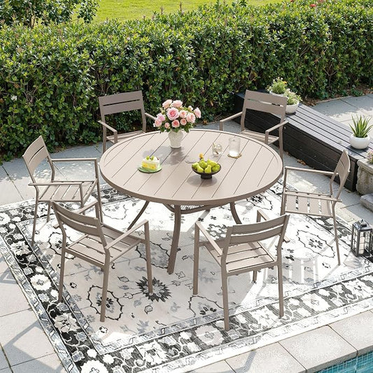 DIFY 7 Piece Outdoor Patio Dining Set for 6, Patio Table and Chairs Set with Umbrella Hole, 47.2" Round Dining Table and Stackable Metal Chairs for Backyard Garden Poolside, Sandshell