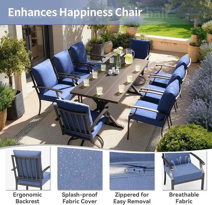 Kullavik 9 Pieces Outdoor Dining Set,Patio Dining Table and Chairs Set for 8,Fence Pattern Back Chairs with Thickened Cushions & X-Frame Metal Dining Table with Umbrella Hole for Patio,Navy Blue