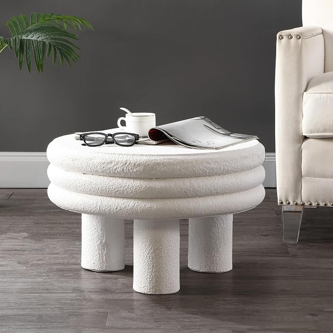 JONATHAN Y Rashida 13.5" White Frosted Modern Round Polyresin Indoor Outdoor Accent Coffee Table, Weather Resistant Low Table with Chunky Ribbed Stacked Ring Design and Tripod Pillar Base TBL1105B