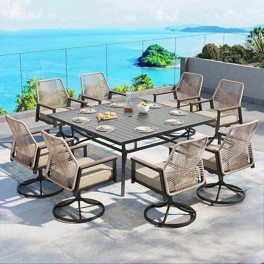 Patio Dining Set 9 Piece, 8 x Woven Rattan Swivel Chairs with Waterproof Cushion, 57.5" Square Metal Dining Table with Umbrella Hole, Outdoor Table and Chairs Set for Backyard Lawn and Deck, Beige
