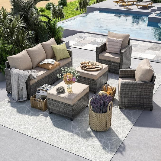 UDPATIO Patio Furniture Set, 5 Pieces Outdoor Sectional Sofa Set, All-Weather Wicker Rattan High Back Outdoor Conversation Set with Ottoman for Poolside, Backyard, Grey Wicker Khaki Cushion