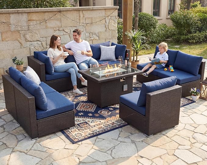 NICESOUL Large Size 9 Pcs Outdoor Patio Sectional Sofa Set with Firepit Natural Gas/Propane, 29.3'' High Back Conversation Sectional Couch Sets Deep Wide Sitting, Brown Rattan and Navy Blue Cushion