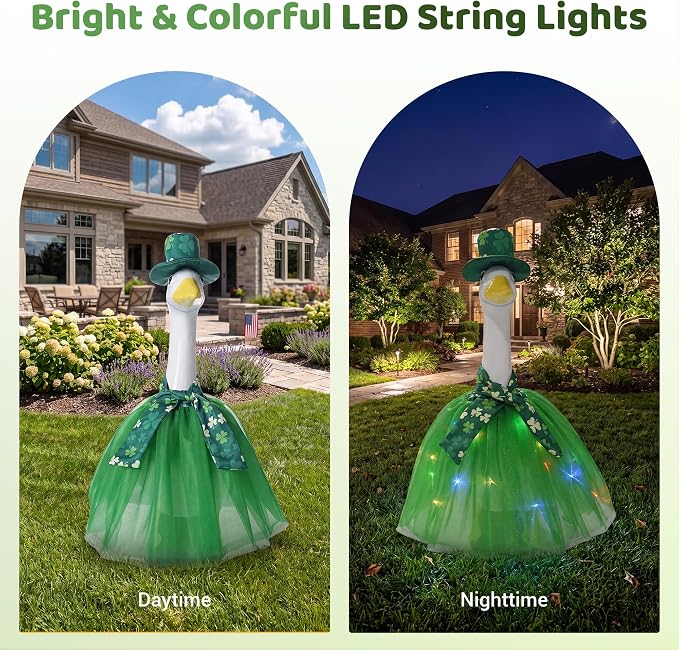 Summer Porch Goose Outfit Set with Floral Dress & Hat for 23" Goose Statue (Green)