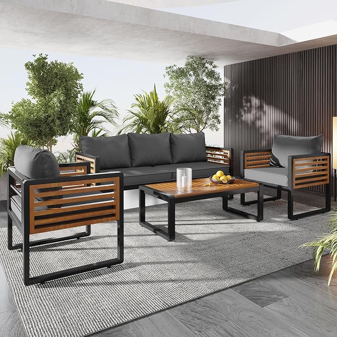 4-Pieces Outdoor Patio Sectional Sofa Set with Coffee Table, All-Weather 5 Person Conversation Set with Thick Cushions and Pillows for Garden Backyard Balcony, Acacia Wood Tabletop (Gray-N74)