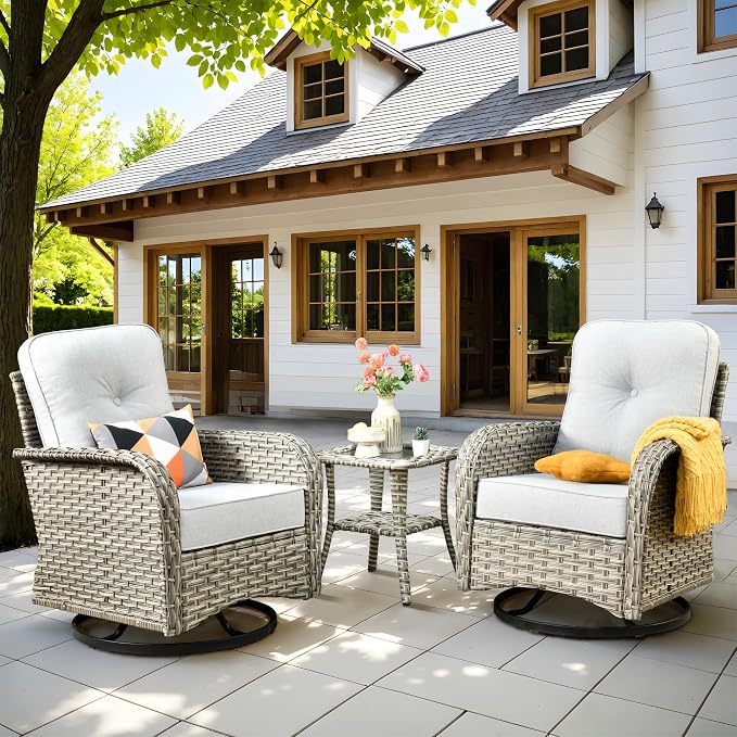 Outdoor Swivel Rocker Patio Chairs,Wicker Glider Swivel Rocking Chair Set of 2,Patio Rocking Swivel Chair Set with Rattan Side Table for Pool Deck Porch Balcony,Light Gray