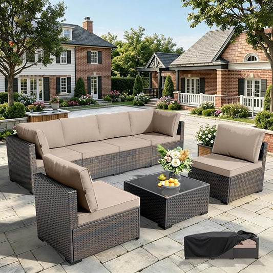 WWR Patio Furniture Set 7 Piece - All-Weather - Wicker Rattan Patio Outdoor Conversation Set, Modular Sectional Sofa for Backyard, Garden, Poolside, Balcony, Porch, Patio, Brown/Khaki