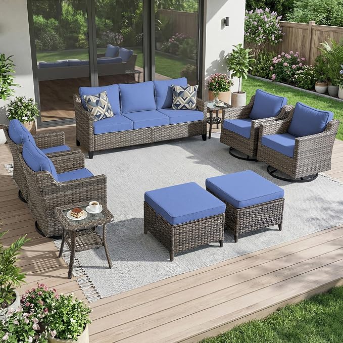 Luxury Patio Furniture sofa Set - 9 Pieces All Weather Wicker Outdoor Couch and High Back Swivel Rocker Patio Chairs with Side table&footstools for Deck Yard and Poolside Gray Wicker | Blue Cushions