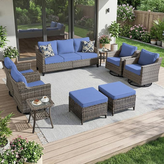 Luxury Patio Furniture sofa Set - 9 Pieces All Weather Wicker Outdoor Couch and High Back Swivel Rocker Patio Chairs with Side table&footstools for Deck Yard and Poolside Gray Wicker | Blue Cushions