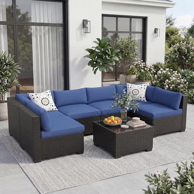 7-Piece Outdoor Rattan Sectional Sofa Set with Coffee Table – Black PE Wicker & Navy Blue Cushions