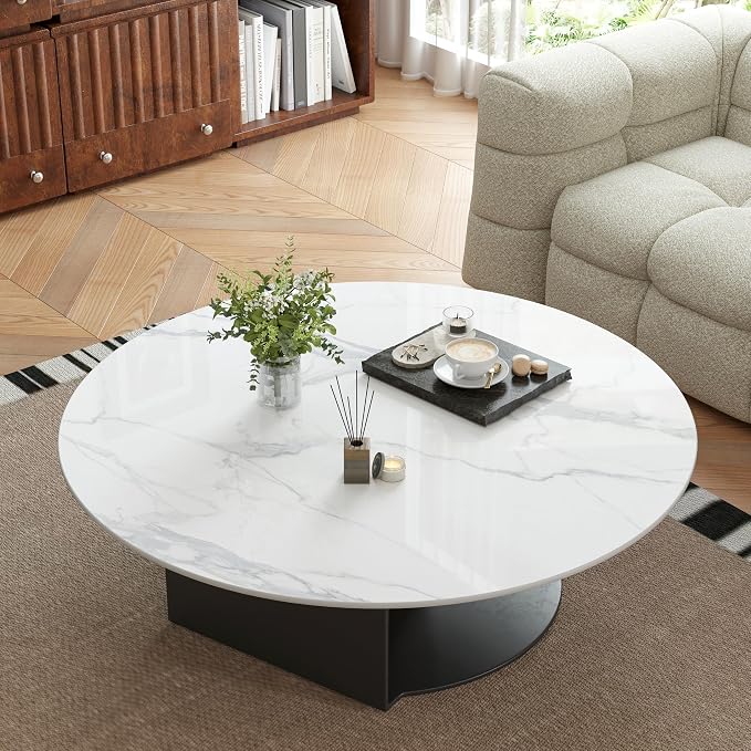 ZL ZELing 37" Round Sintered Stone Table Top - Weather-Resistant White All-Season Surface for Indoor/Outdoor Use, Versatile for Dining Tables, Coffee Tables & Side Table
