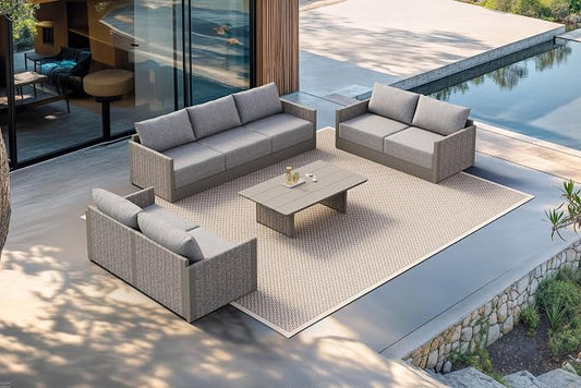 PURPLE LEAF 8 Pieces Outdoor Conversation Sets Patio Furniture Set with Coffee Table PP Rope Patio Sofa with Cushions Manual Weaving Deep Seating Furniture for Porch Lawn Backyard Beige