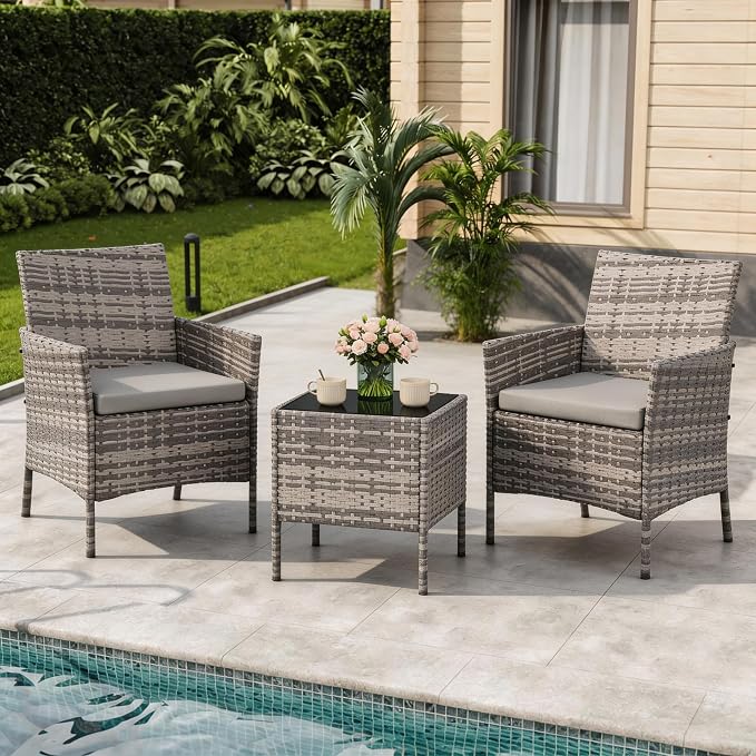 3-Piece Outdoor Furniture Set, PE Rattan Wicker Chairs with Soft Cushions & Tempered Glass Coffee Table - All-Weather Patio Set for Garden, Backyard, Porch, Poolside (Gray/Light Gray)