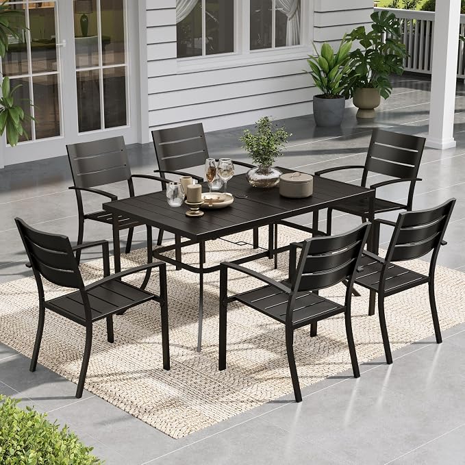 Sophia & William Patio Dining Set Metal Outdoor Table and Chairs Furniture Set 7 Piece, Large 59" Dining Table with Umbrella Hole and 6 Backyard Garden Chairs Support 300LBS for Deck, Lawn, Garden